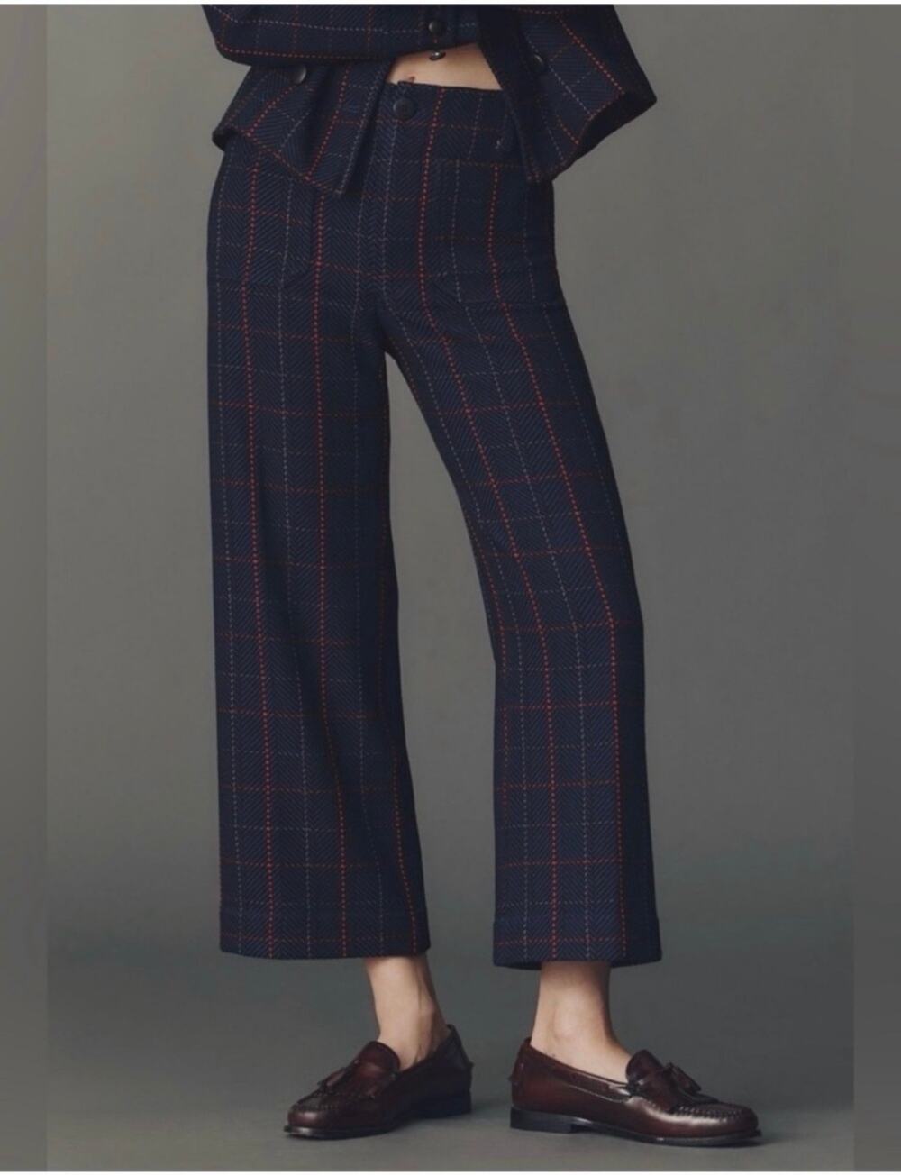 Anthropologie Pants Womens 30 Blue Colette Wide Leg Crop Plaid Herringbone Knit